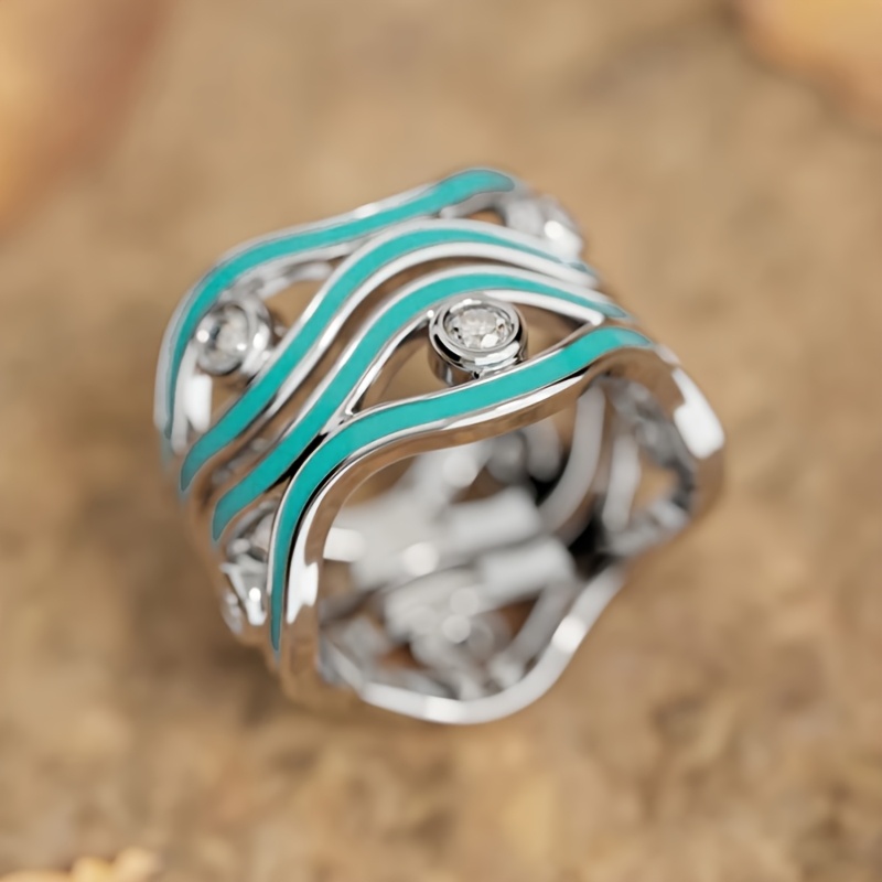 Bohemian Turquoise Wave Enamel Ring with Golden Plating